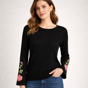 Black Whimsigoth Embroidered Bell Sleeve Sweater Fairycore Gothic Boho Top S